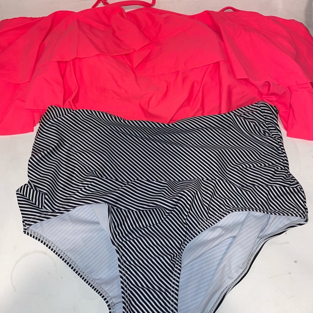 2pc pink flounce halter with striped swim brief XL